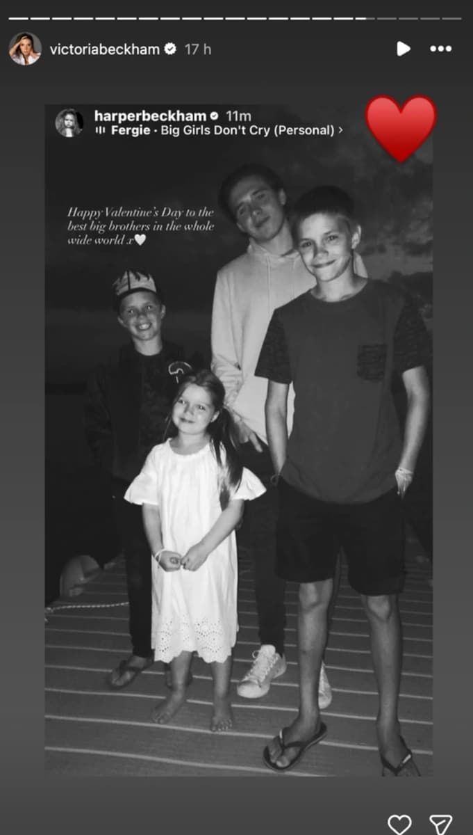 Victoria reposted a message Harper sent to her three brothers