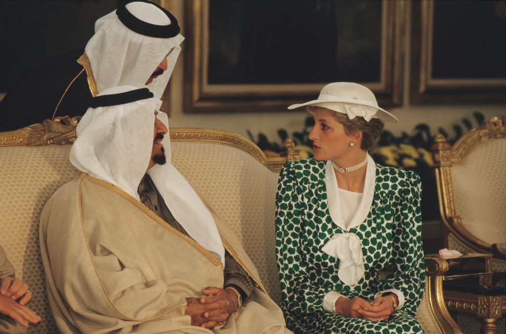 Princess Diana attending a traditional Arab coffee ceremony in Riyadh, Saudi Arabia, hosted by Prince Sultan bin Abdulaziz Al Saud in November 1986