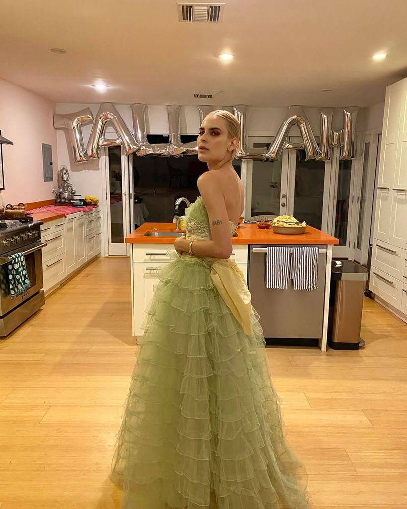 Tallulah Willis poses in a gown at a birthday celebration at her home in 2020, shared on Instagram