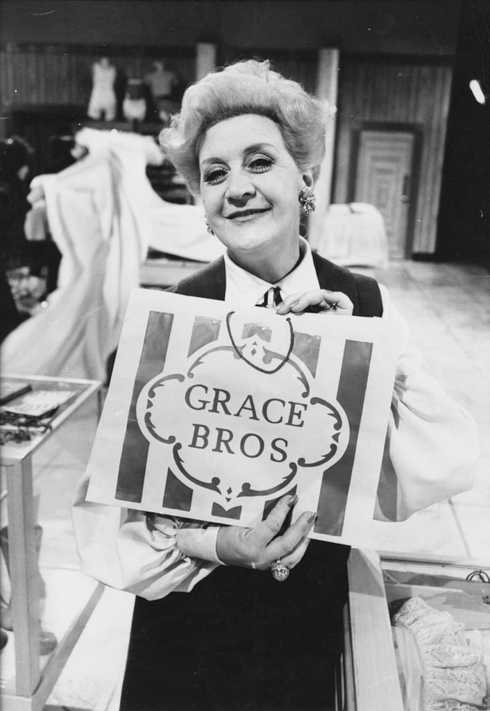 Black-and-white image of Mollie Sugden in Are You Being Served?