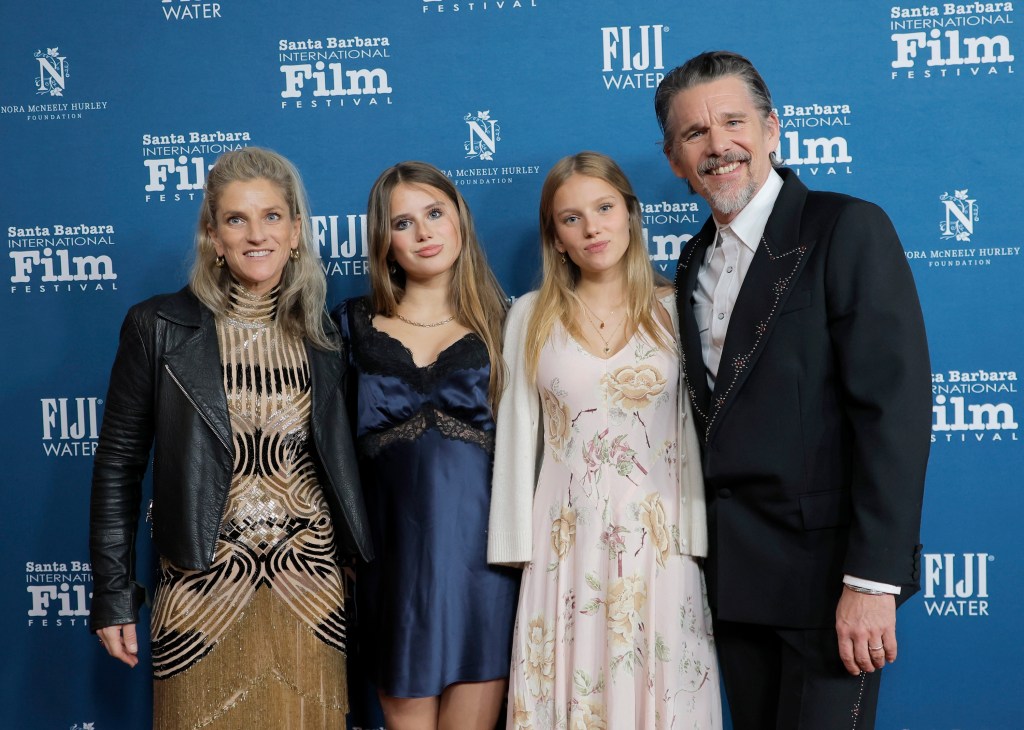 SANTA BARBARA, CALIFORNIA - FEBRUARY 06: (L-R) Ryan Hawke, Indiana Hawke, Clementine Jane Hawke and Ethan Hawke attend the American Riviera Award Tribute during the 41st Santa Barbara International Film Festival at The Arlington Theatre on February 06, 2026 in Santa Barbara, California. (Photo by Tibrina Hobson/Getty Images for Santa Barbara International Film Festival)