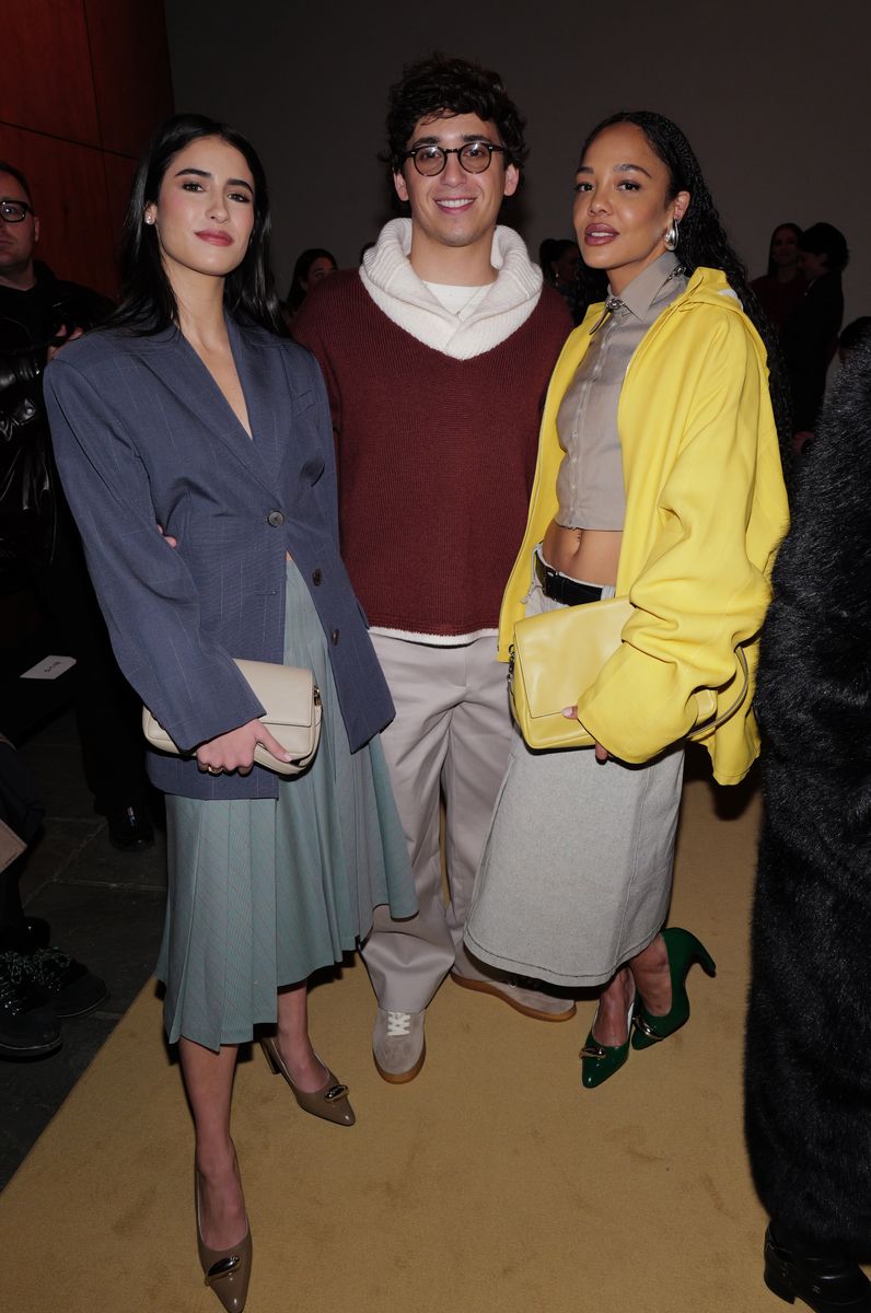 NEW YORK, NEW YORK - FEBRUARY 11: (L-R) Ana Amelia Batlle Cabral, Marcello HernÃ¡ndez and Tessa Thompson attend Tory Burch Fall/Winter 2026 during New York Fashion Week at Sotheby's on February 11, 2026 in New York City. (Photo by Craig Barritt/Getty Images for Tory Burch) 