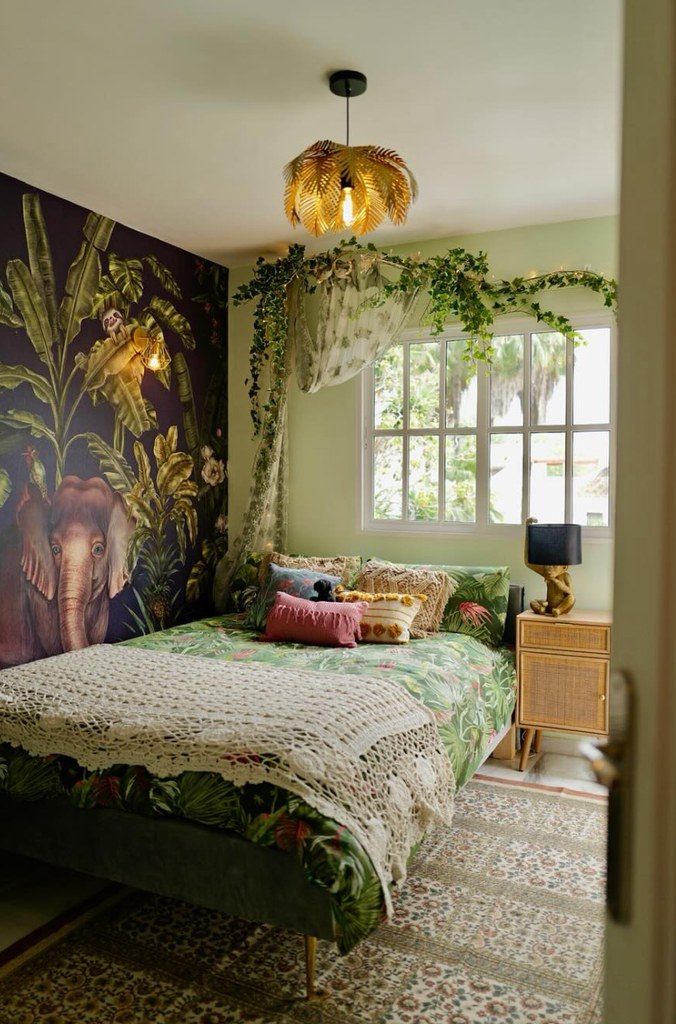 bedroom with floral wallpaper