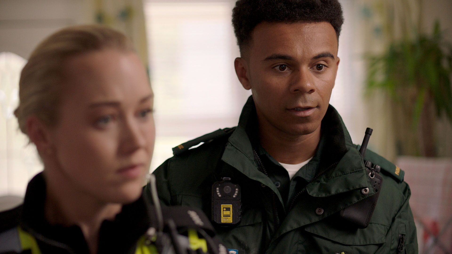 Hannah Treylan and Milo Clarke in a still image from Casualty