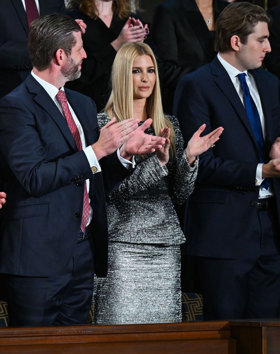 Ivanka Trump chose a more fashion-forward interpretation of formality in a metallic, ombré gray-and-black two-piece by Oscar de la Renta. 