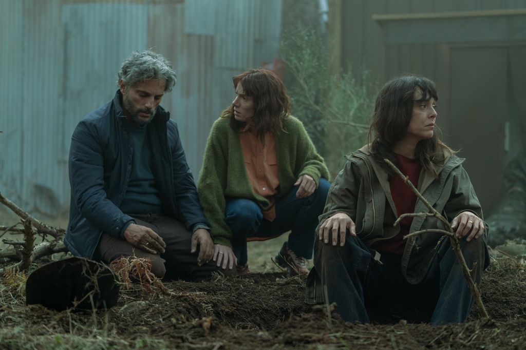 three people sitting in woodland
