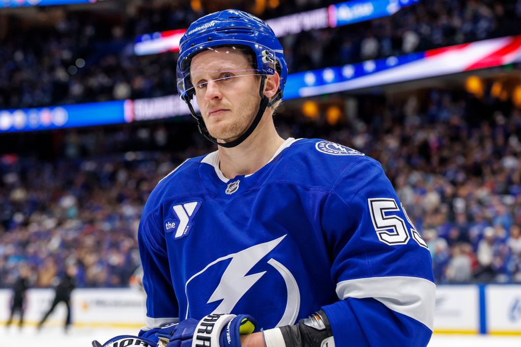 Jake Guentzel #59 of the Tampa Bay Lightning against the Buffalo Sabres at Benchmark International Arena on February 3, 2026 in Tampa, Florida. (Photo by Mark LoMoglio/NHLI via Getty Images)
