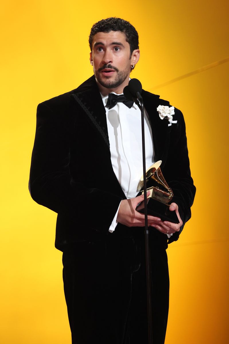 Bad Bunny stepped onto the Grammy stage in custom Schiaparelli haute couture designed by creative director Daniel Roseberry.