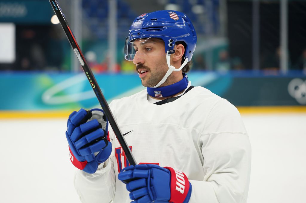Vincent Trocheck #16 of Team United States takes part during training on day two of the Milano Cortina 2026 Winter Olympic games at Milano Santagiulia Ice Hockey Arena on February 08, 2026 in Milan, Italy. (Photo by Gregory Shamus/Getty Images)