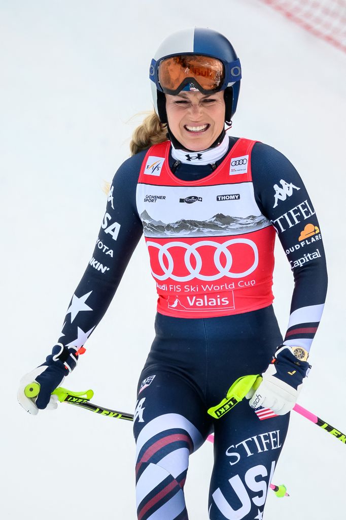 Lindsey Vonn reacts after crashing as she competes in the women's downhill race part of the FIS Alpine Ski World Cup 2025-2026, in Crans Montana, Switzerland, on January 30, 2026