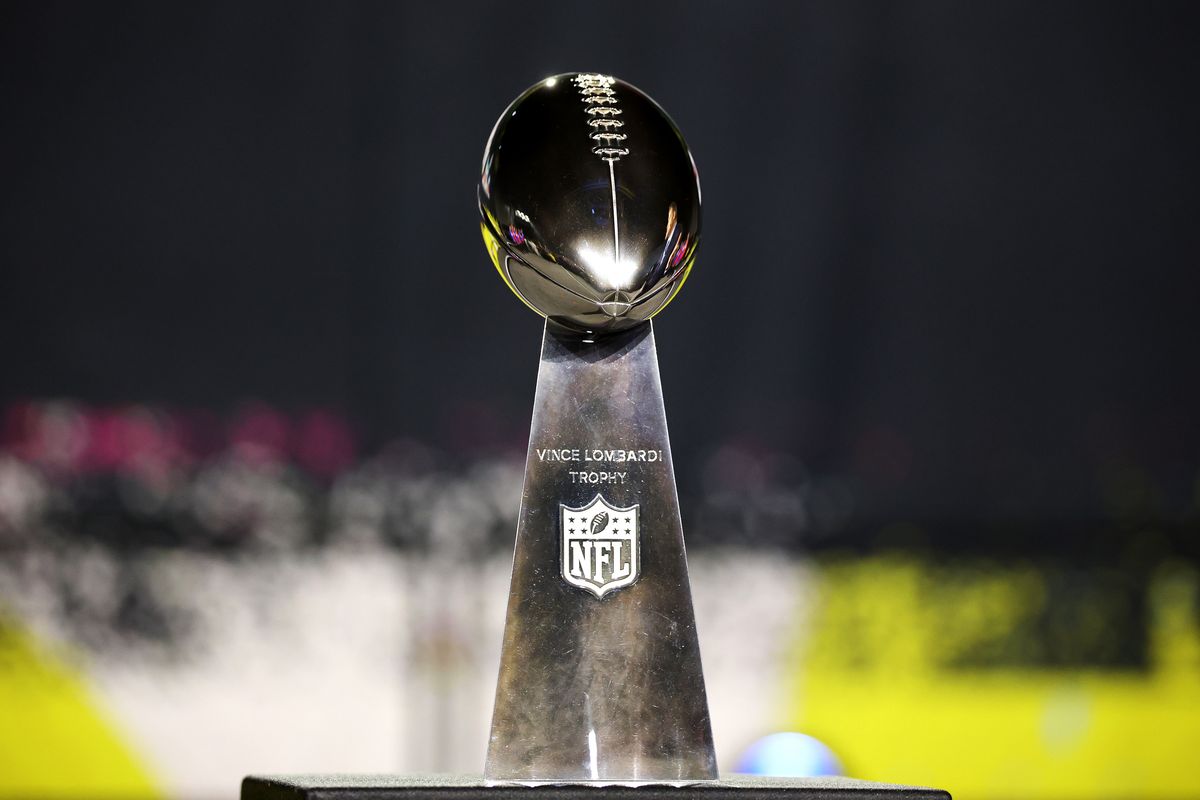 A detailed view of the Vince Lombardi Trophy during Super Bowl LX Opening Night at San Jose McEnery Convention Center.