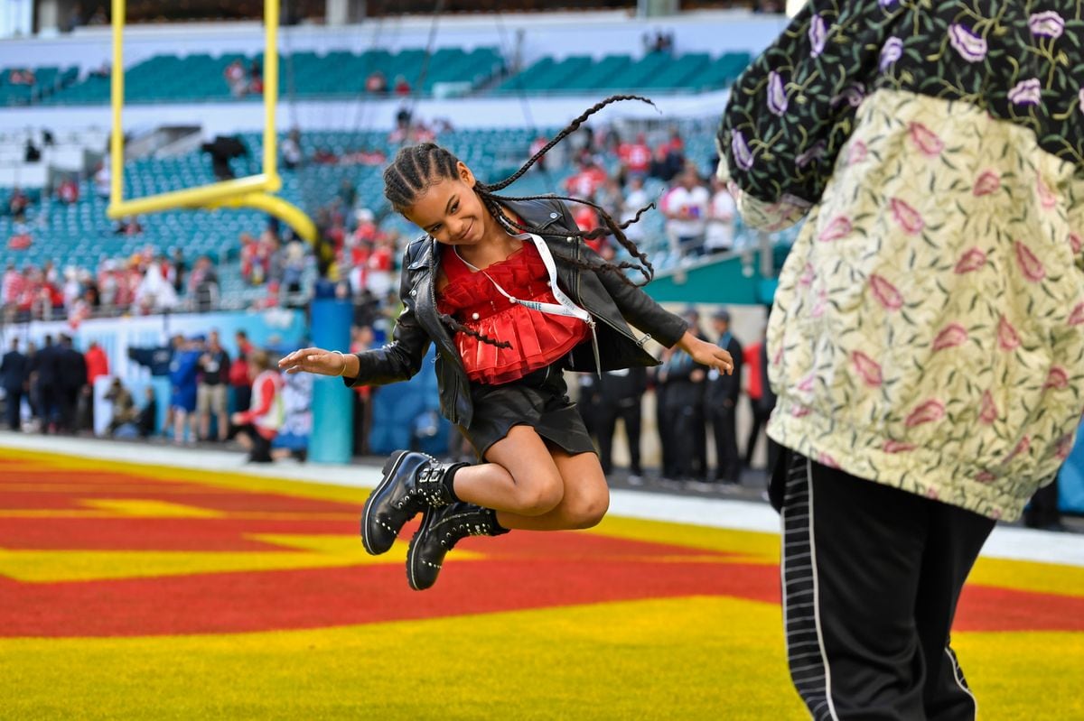 Blue Ivy Carter as she jumps in the end zone before the start of Super Bowl LIV at Hard Rock Stadium in Miami on Sunday, Feb. 2, 2020.