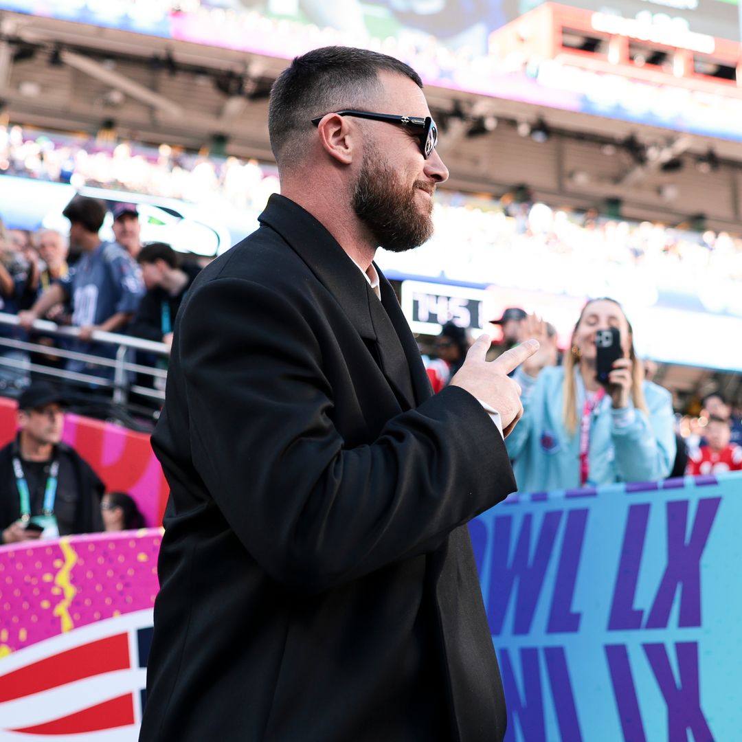 Travis Kelce #87 of the Kansas City Chiefs walks on the field prior to Super Bowl LX  between the New England Patriots and the Seattle Seahawks at Levi's Stadium on February 08, 2026 in Santa Clara, California.