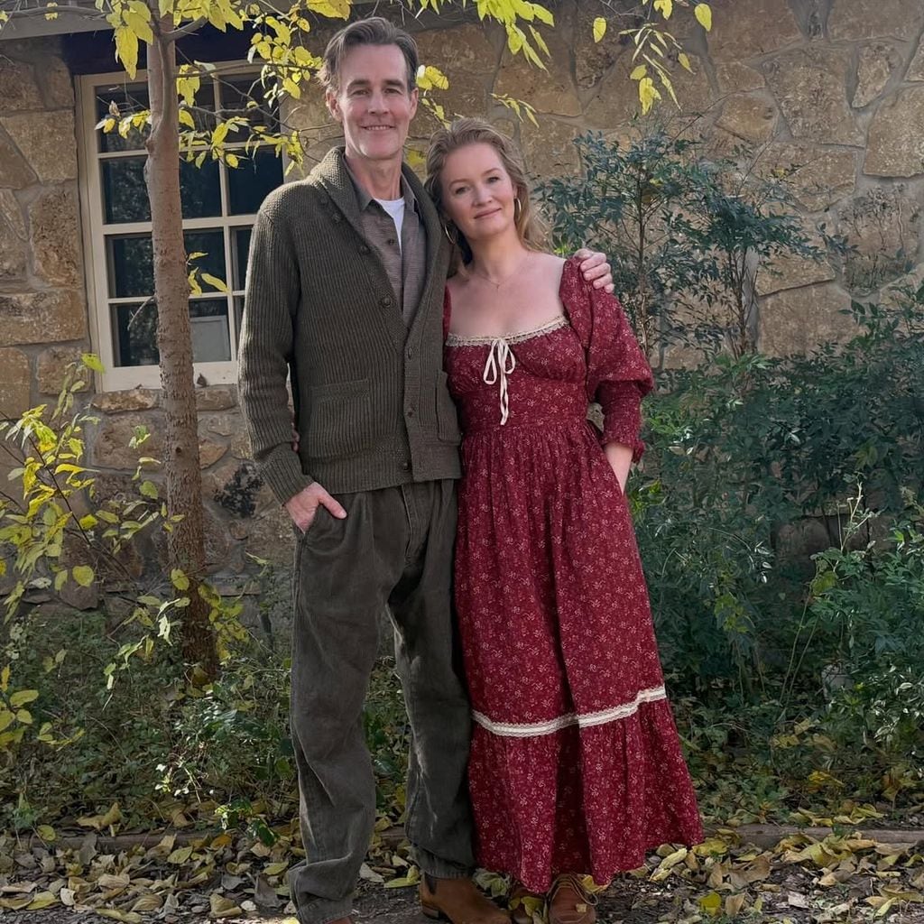 James Van Der Beek and his wife Kimberly in red dress outside their home