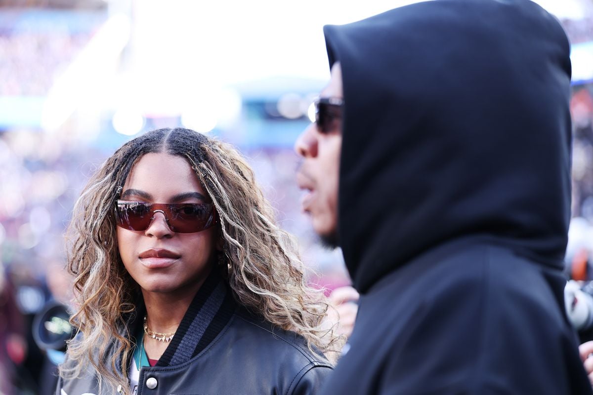 Jay-Z and daughter Blue Ivy Carter prior to the start of Super Bowl LX  between the Seattle Seahawks and the New England Patriots at Levi's Stadium on February 08, 2026 in Santa Clara, California.  
