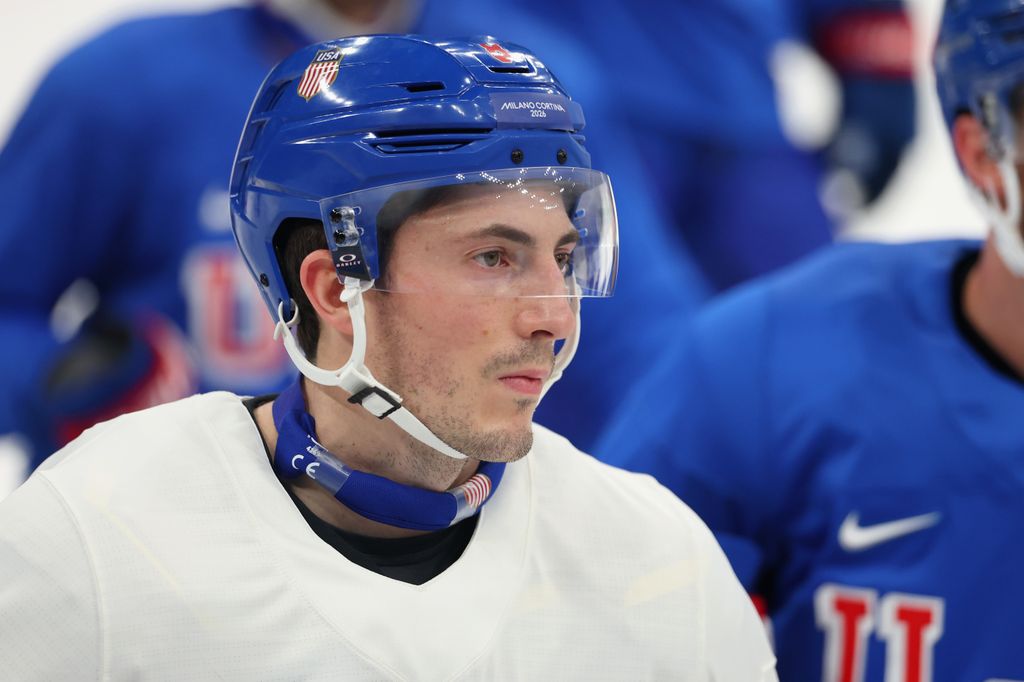 Zach Werenski #8 of Team United States takes part during training on day two of the Milano Cortina 2026 Winter Olympic games at Milano Santagiulia Ice Hockey Arena on February 08, 2026 in Milan, Italy. (Photo by Gregory Shamus/Getty Images)