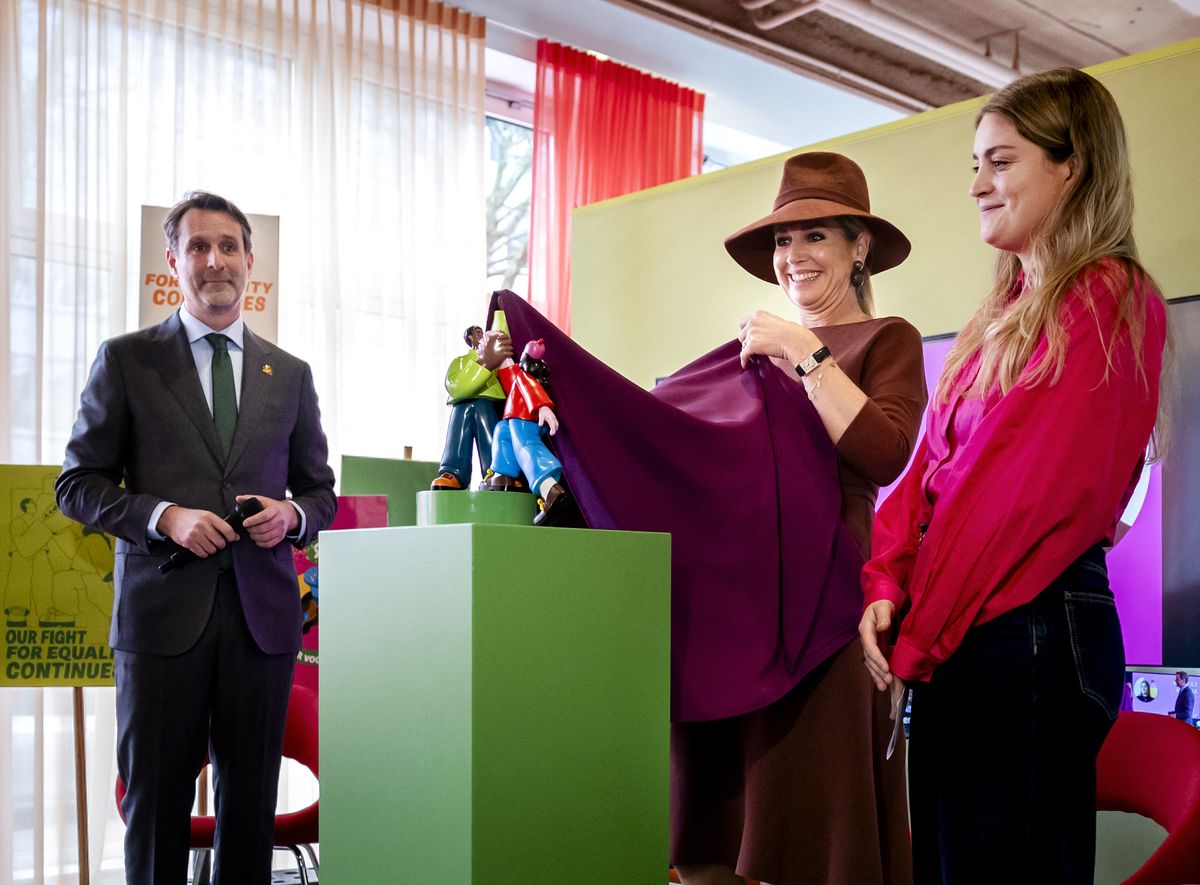 Queen Maxima unveils a statue as she attends the celebration of Oxfam Novib's 70th anniversary