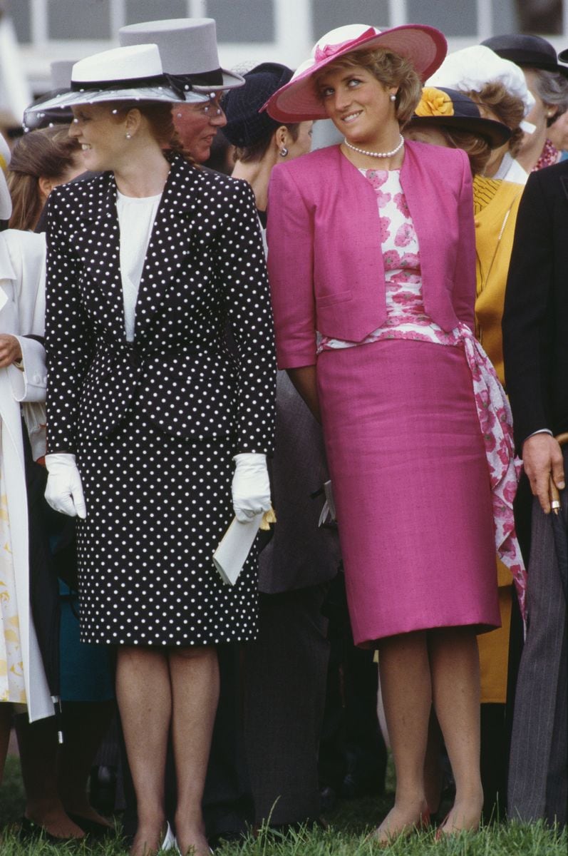 Diana, Princess of Wales  and the Duchess of York during Derby Day at Epsom, UK, June 1987