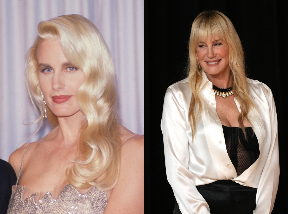 Daryl Hannah in a soft focus shot in the '80s with side parted long blonde hair looking straight into the camera and wearing a sparkly dress with thin straps. On the right, an image of the actress in present day, smiling towards the left of the image with blonde hair and bangs, wearing a cream satin shirt twisted together at the bottom over a black dress.
