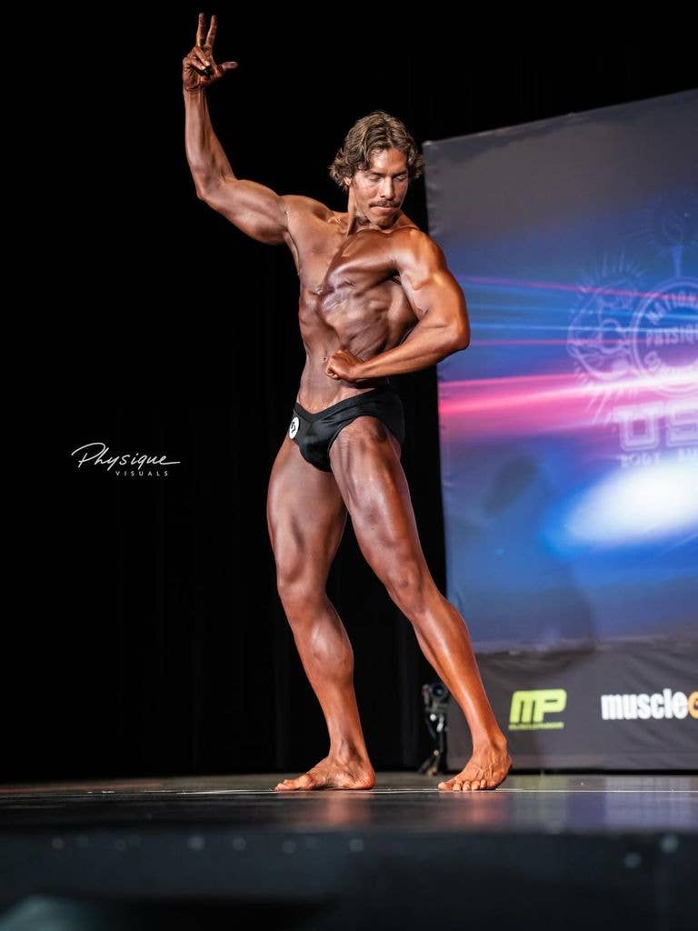 Joseph flexes onstage in his bodybuilding debut