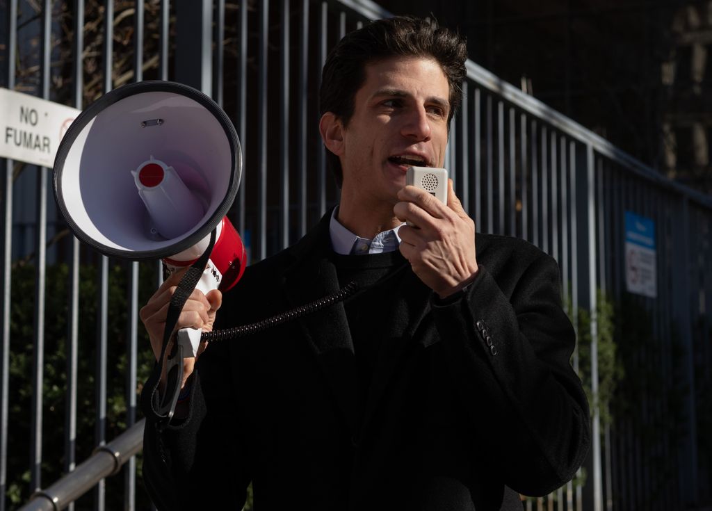 Jack Schlossberg, grandson of former President John. F Kennedy who is currently running for Congress, speaks to members of the New York State Nurses Association before joining the picket line in support of nurses on strike outside Mount Sinai West on January 12, 2026 in New York City.