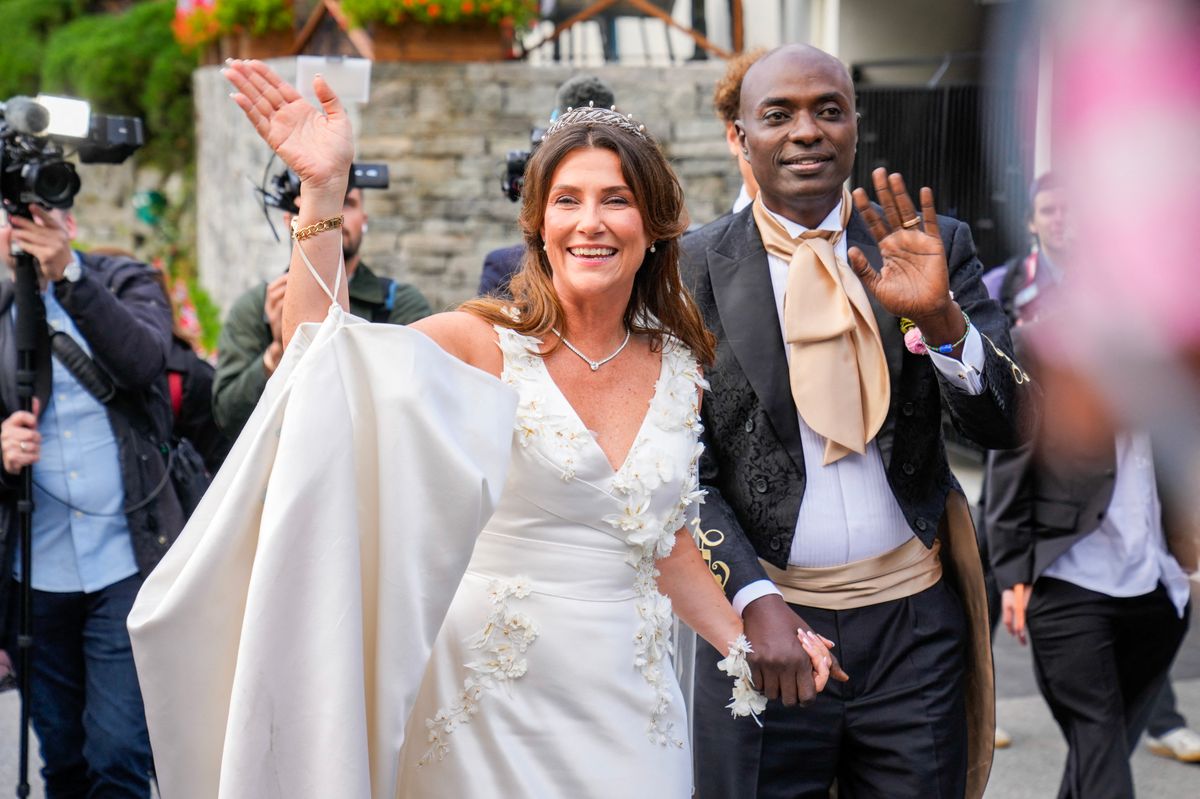 Princess Martha Louise of Norway and Durek Verrett arrive at their wedding party at Hotel Unio in Geiranger on August 31, 2024. 