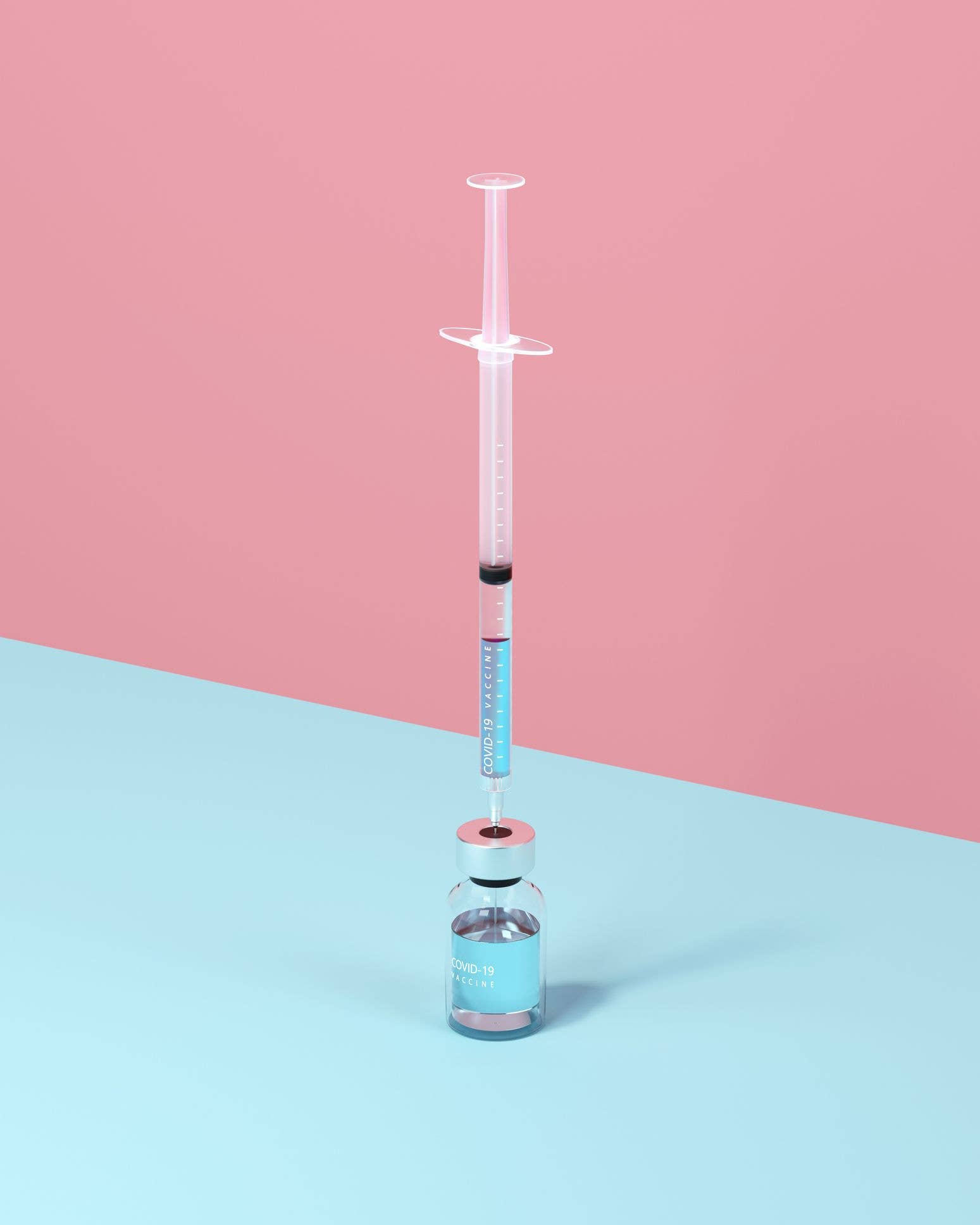 Digital generated image of syringe stuck inside COVID-19 vaccine bottle standing on blue surface against purple wall.