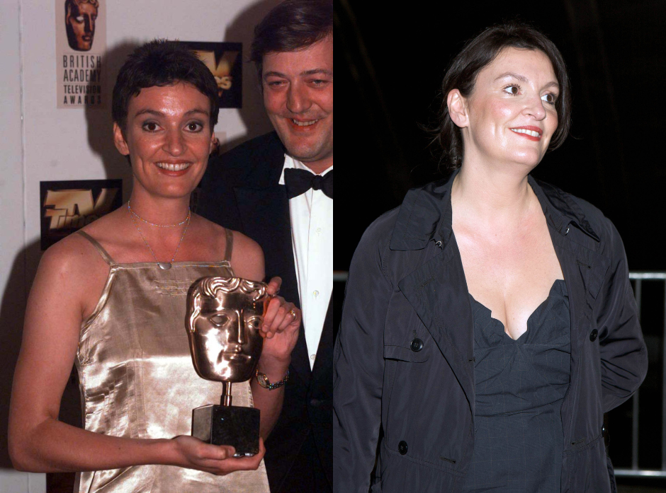 Split image of actress Daniela Nardini holding a BAFTA next to Steven Fry in 1998 and in 2009 wearing a black dress with a black coat looking to the right of the image.