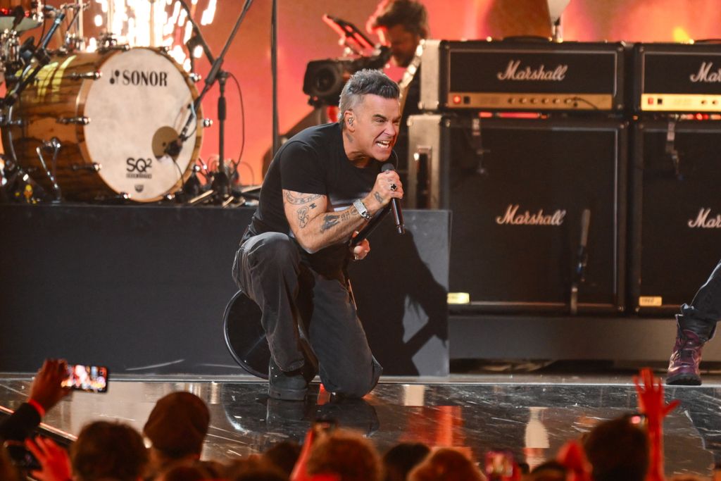 Robbie Williams performs on stage during The BRIT Awards 2026 at Co-op Live on February 28, 2026 in Manchester, England. (Photo by Karwai Tang/WireImage)