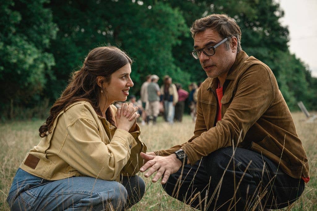 young woman, older man sitting in park