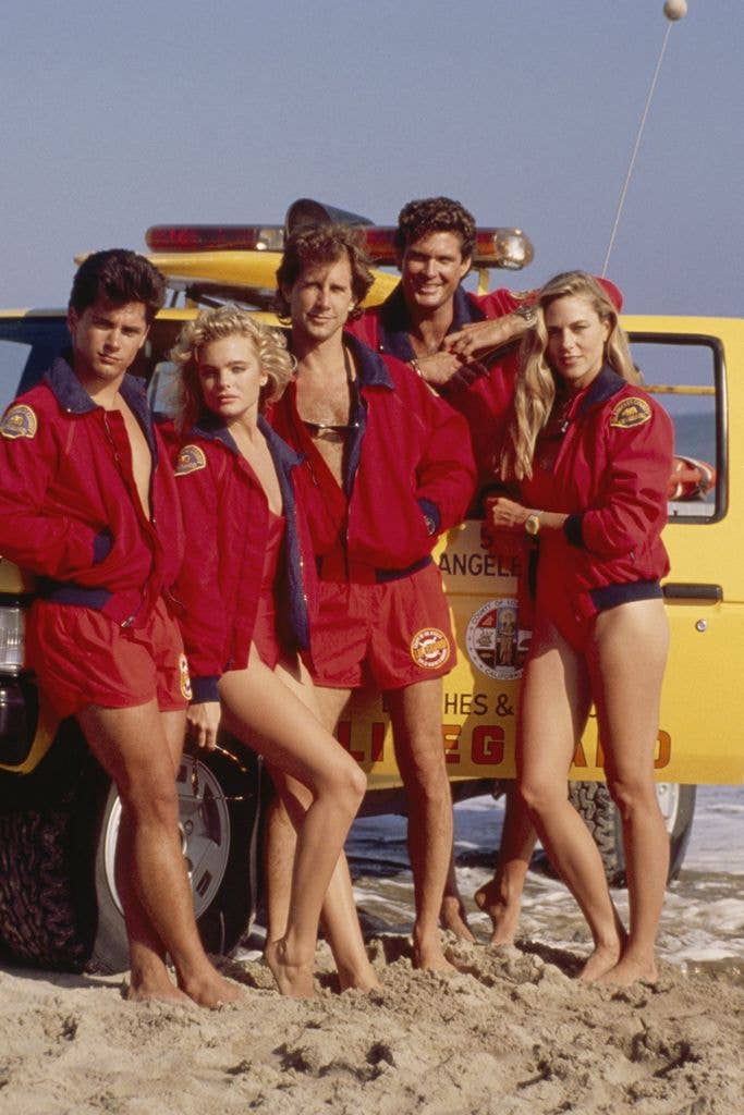 Pictured: (l-r) Billy Warlock as Eddie Kramer, Erika Eleniak as Shauni McClain, Parker Stevenson as Craig Pomeroy, David Hasselhoff as Lt. Mitch Buchannon, Shawn Weatherly as Jill Riley
