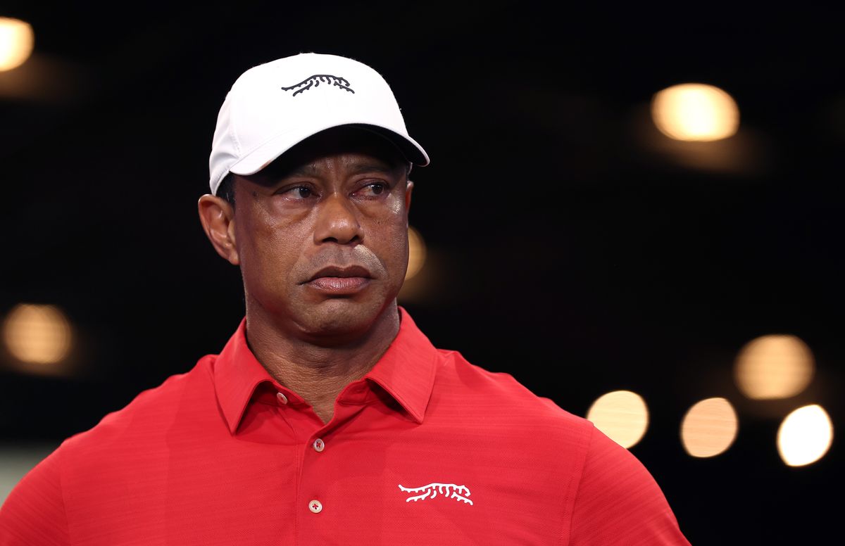 PALM BEACH GARDENS, FLORIDA - MARCH 24: Tiger Woods of Jupiter Links Golf Club looks on after the match against the Los Angeles Golf Club at SoFi Center on March 24, 2026 in Palm Beach Gardens, Florida. (Photo by Adam Glanzman/TGL/TGL Golf via Getty Images) 