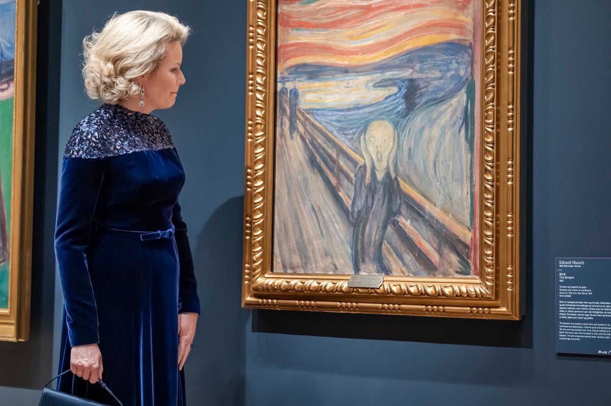 Queen Mathilde of Belgium has delivered one of the most striking images of her recent state visit to Norway, a photograph capturing her quietly contemplating 'The Scream'