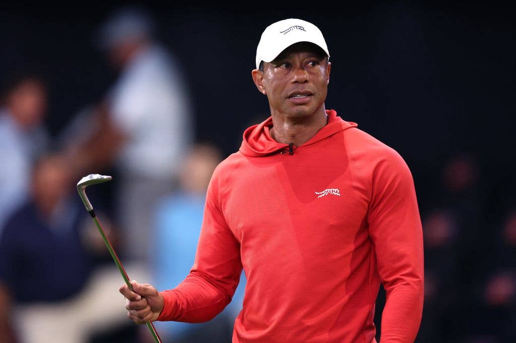 Tiger Woods of Jupiter Links Golf Club looks on before the match against the Los Angeles Golf Club at SoFi Center on March 23, 2026 in Palm Beach Gardens, Florida.