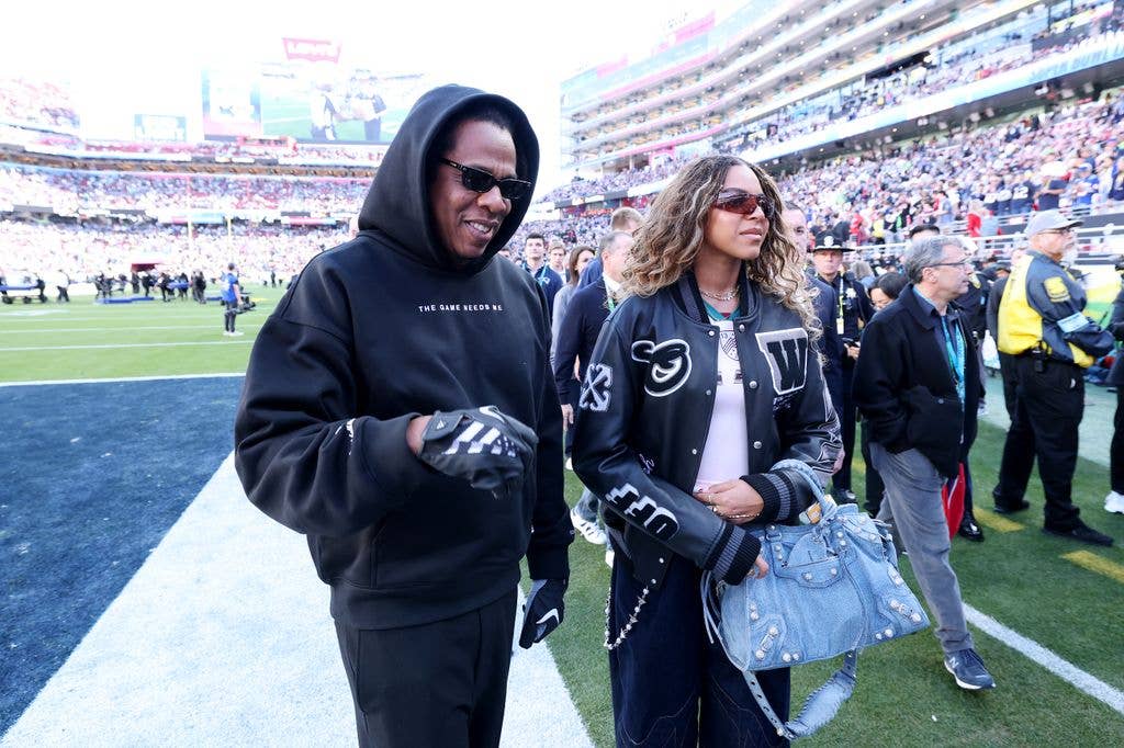Jay-Z and daughter Blue Ivy Carter prior to the start of Super Bowl LX between the Seattle Seahawks and the New England Patriots at Levi's Stadium on February 08, 2026 in Santa Clara, California.