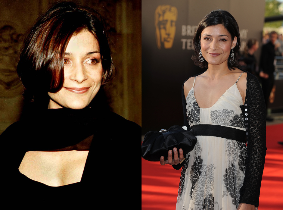 Split image of Amita Dhiri in a black outfit with a brown bob, smiling to the right of the image in 1997 and in 2009 in a white dress with a grey and black pattern, black cardigan and black belt holding a black clutch in her right hand.
