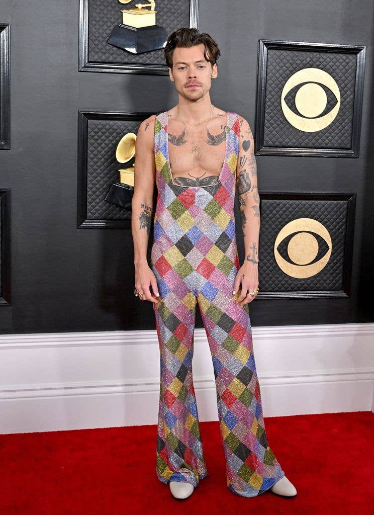 Harry Styles poses on the red carpet at the 2023 Grammy Awards wearing an argyle print multicoloured sequin jumpsuit covered in crystals. It has a low neckline and exposes the swallow tattoos on his chest and his hair is styled with slick curls.