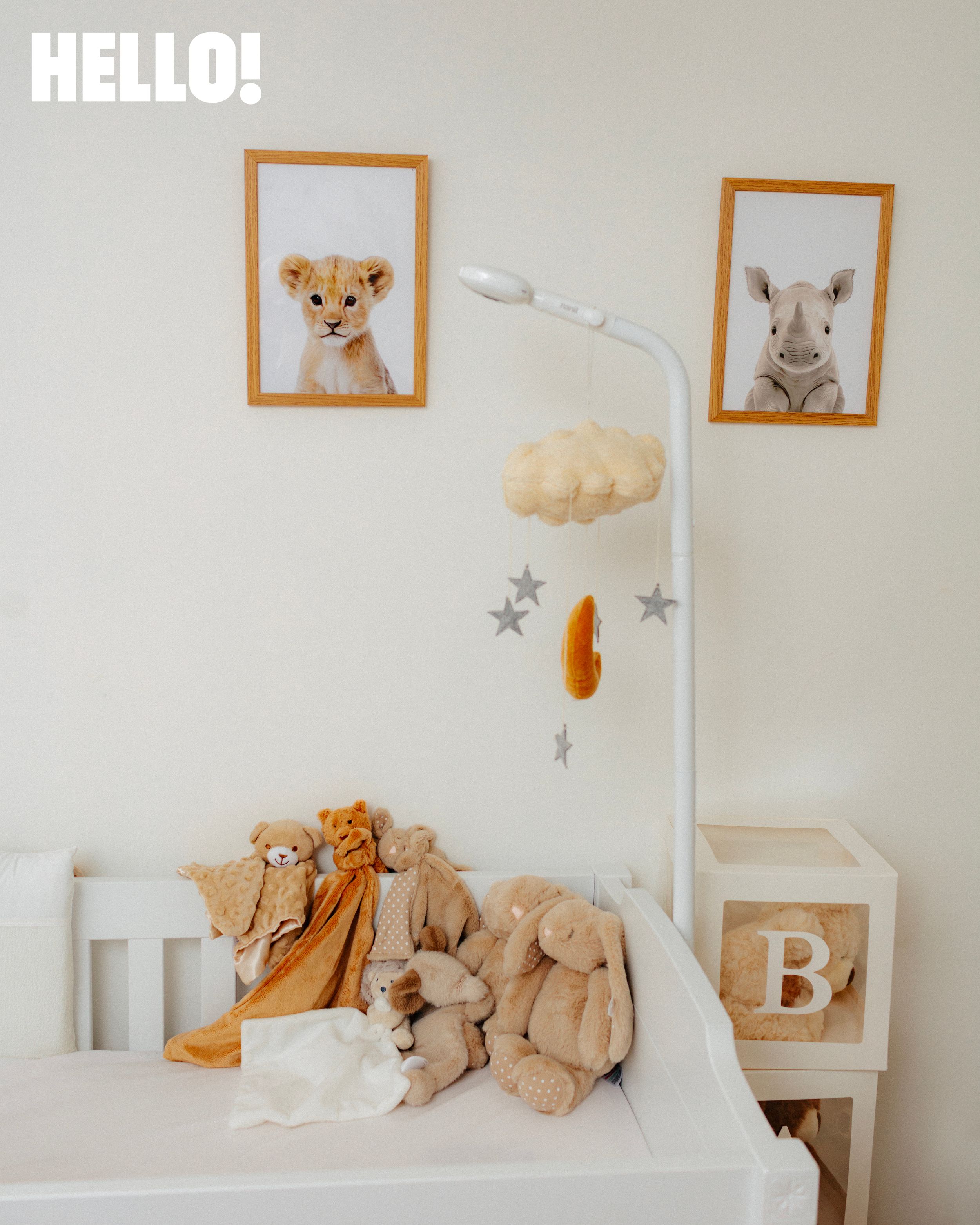 The cute wall art and plush toys in the cot match perfectly, contributing to the serene look of the room
