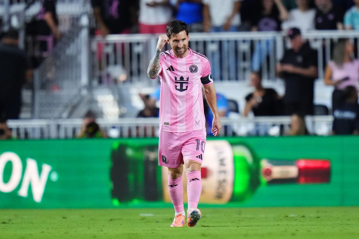 Lionel Messi #10 of Inter Miami CF celebrates after scoring the team's first goal during the 2025 MLS Cup Playoff match between Inter Miami CF and Nashville SC