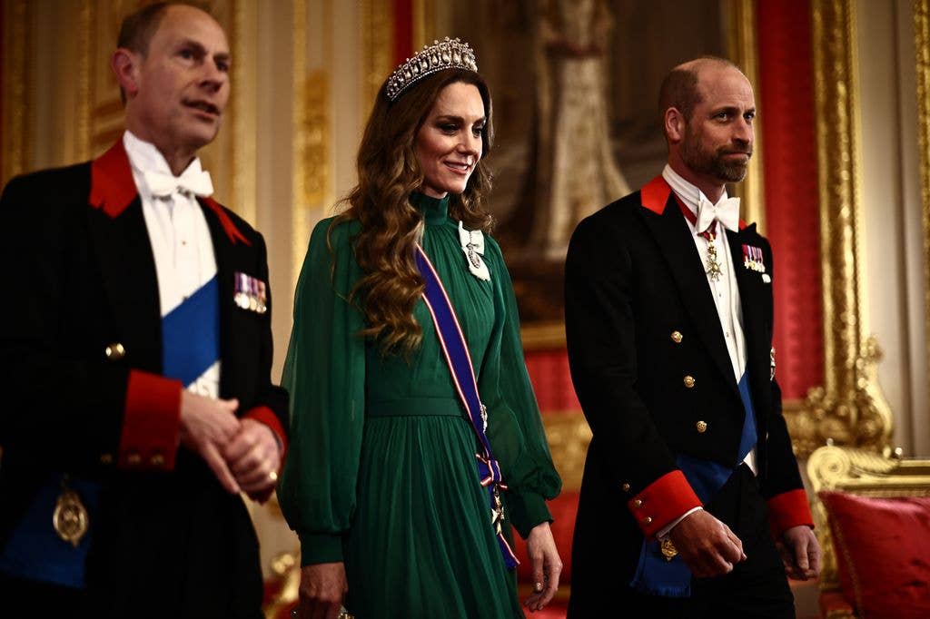Edward, Duke of Edinburgh with Catherine, Princess of Wales and Prince William, Prince of Wales arrive to attend a State Banquet in St George's Hall on day one of their state visit to the UK at Windsor Castle on March 18, 2026 in Berkshire, England. (Photo by Henry Nicholls - WPA Pool/Getty Images)