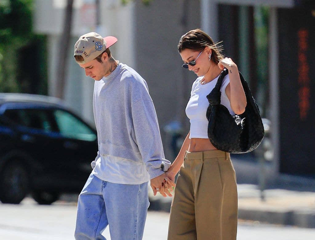 Hailey Bieber spotted wearing her trusty Bottega Veneta bag while out in LA with her husband Justin