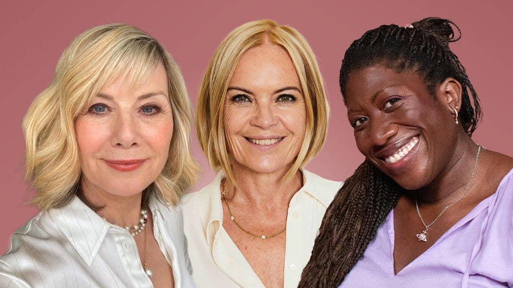 Three cut-outs of midlife women smiling at the camera against a dark pink background
