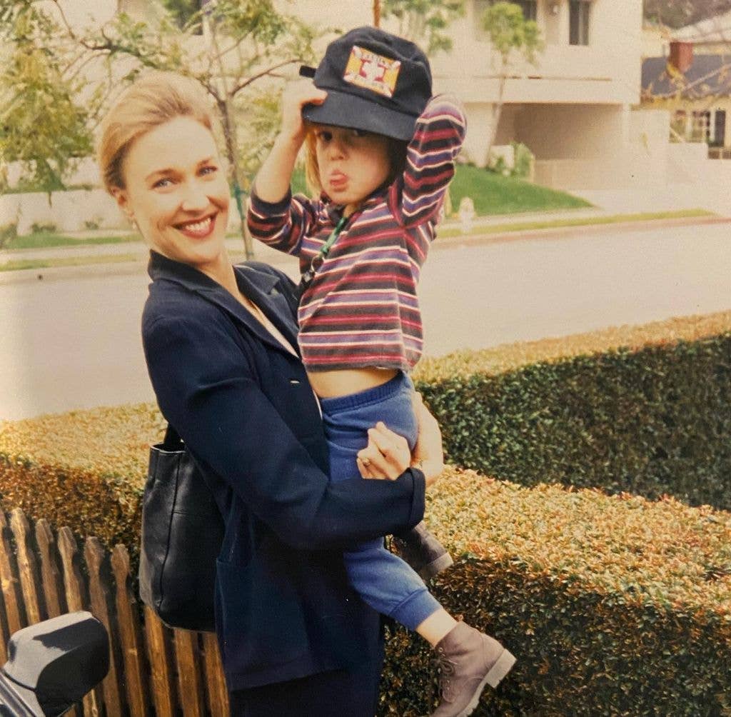 photo of brenda strong holding son zak henri as a child
