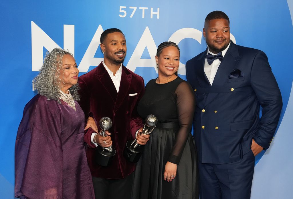 Donna Jordan, Michael B. Jordan, Jamila Jordan-Theus, and Khalid Jordan pose in the press room during the 57th NAACP Image Awards at Pasadena Civic Auditorium on February 28, 2026 in Pasadena, California