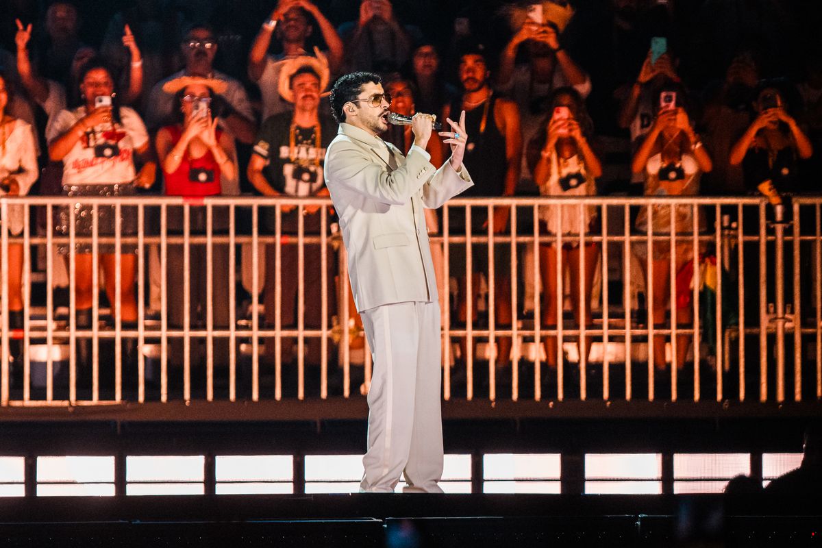 Bad Bunny performs onstage during his Debi Tirar Mas Fotos World Tour concert at Allianz Parque on February 20, 2026 in Sao Paulo, Brazil