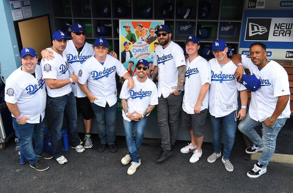 The cast of the  "The Sandlot" celebrate the movie's 25th anniversary with a special reunion before the game between the Los Angeles Dodgers and the San Francisco Giants at Dodger Stadium on June 16, 2018 in Los Angeles, California. 