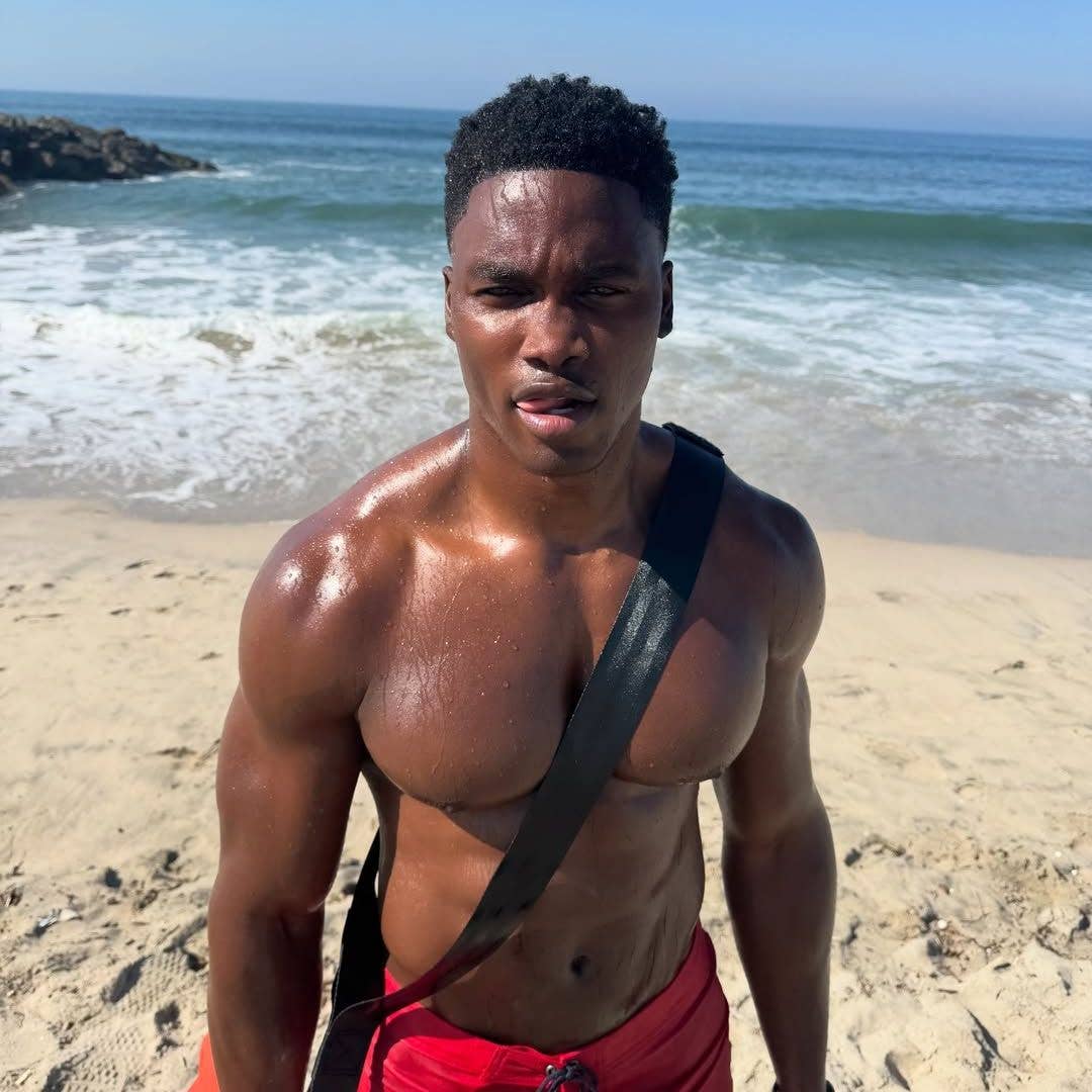 Thaddeus LaGrone poses for a photo on the set of FOX's "Baywatch" reboot, shared on Instagram