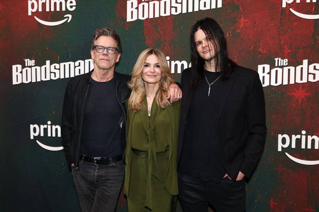 Kevin Bacon, Kyra Sedgwick and Travis Bacon attend Prime Video's "The Bondsman" New York Premiere at Village East Cinema on March 31, 2025 in New York City