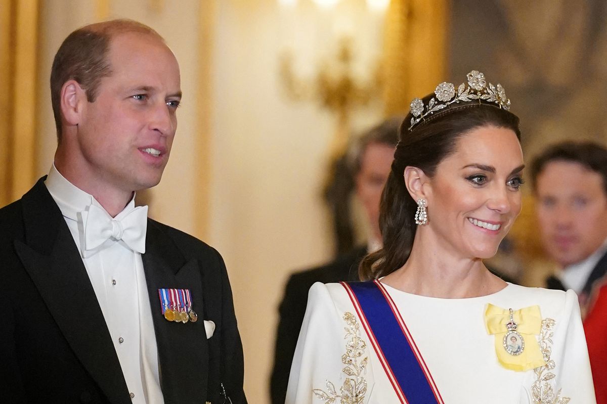 Catherine, Princess of Wales, wearing the Strathmore Rose Tiara, a floral design that had remained hidden in royal vaults for nearly a century before Kate revived it in 2023.