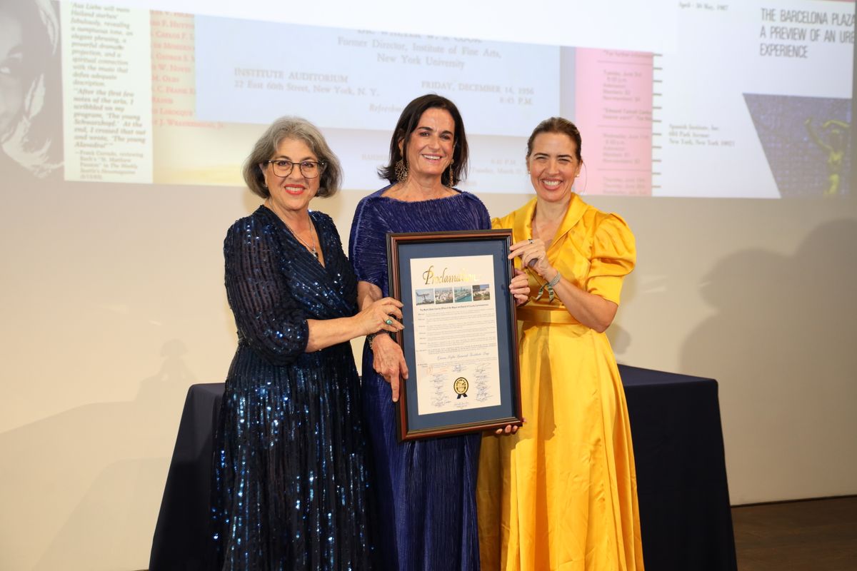 Miami-Dade County Mayor Daniella Levine Cava and Commissioner Raquel Regalado present an official proclamation to Pilar Lladó, Chair of the Board of Directors of the Queen Sofía Spanish Institute, at the 2026 Sophia Awards gala in Miami.